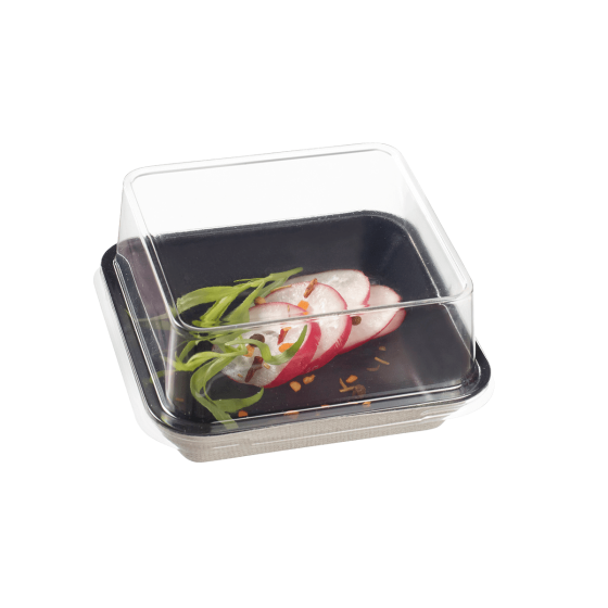 Assiette Kanopée pulpe de canne avec lam. noire 100x100 mm Assiette Kanopée pulpe de canne avec lam. noire 100x100 mm